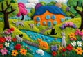 view of a meadow with cats playing in front of the house Among the flowers and trees, felt art